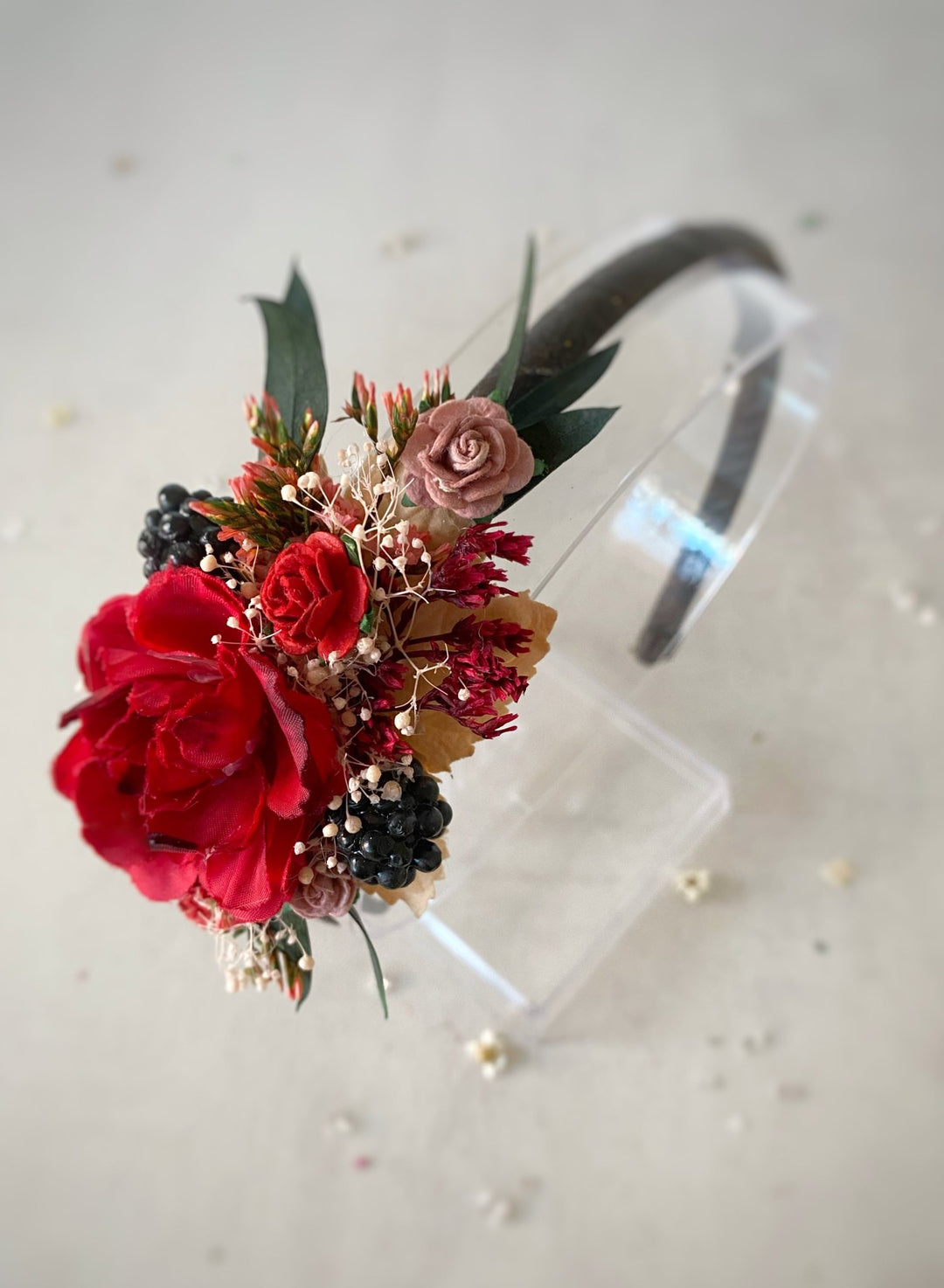 Red Headband with Roses and Blackberries – Bold Floral Hair Accessory – handmade floral hair accessory by magaela