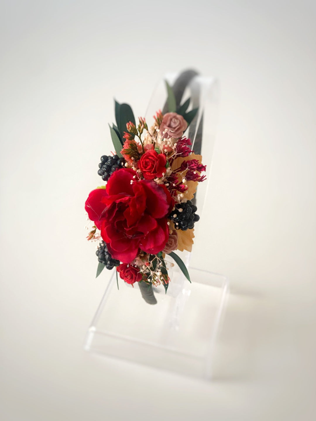 Red Headband with Roses and Blackberries – Bold Floral Hair Accessory – handmade floral hair accessory by magaela