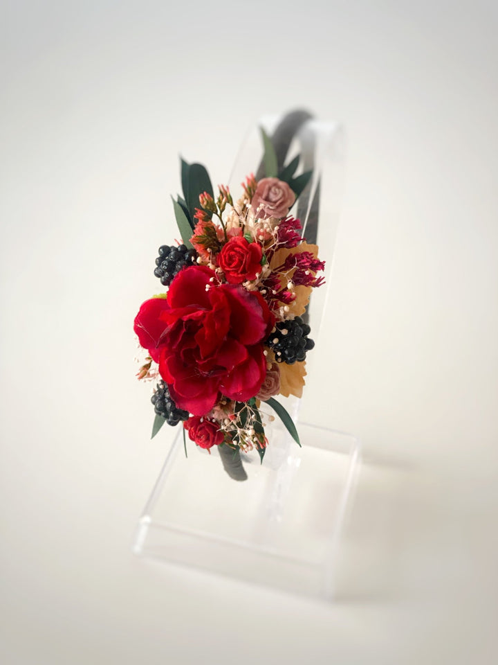 Red Headband with Roses and Blackberries – Bold Floral Hair Accessory – handmade floral hair accessory by magaela