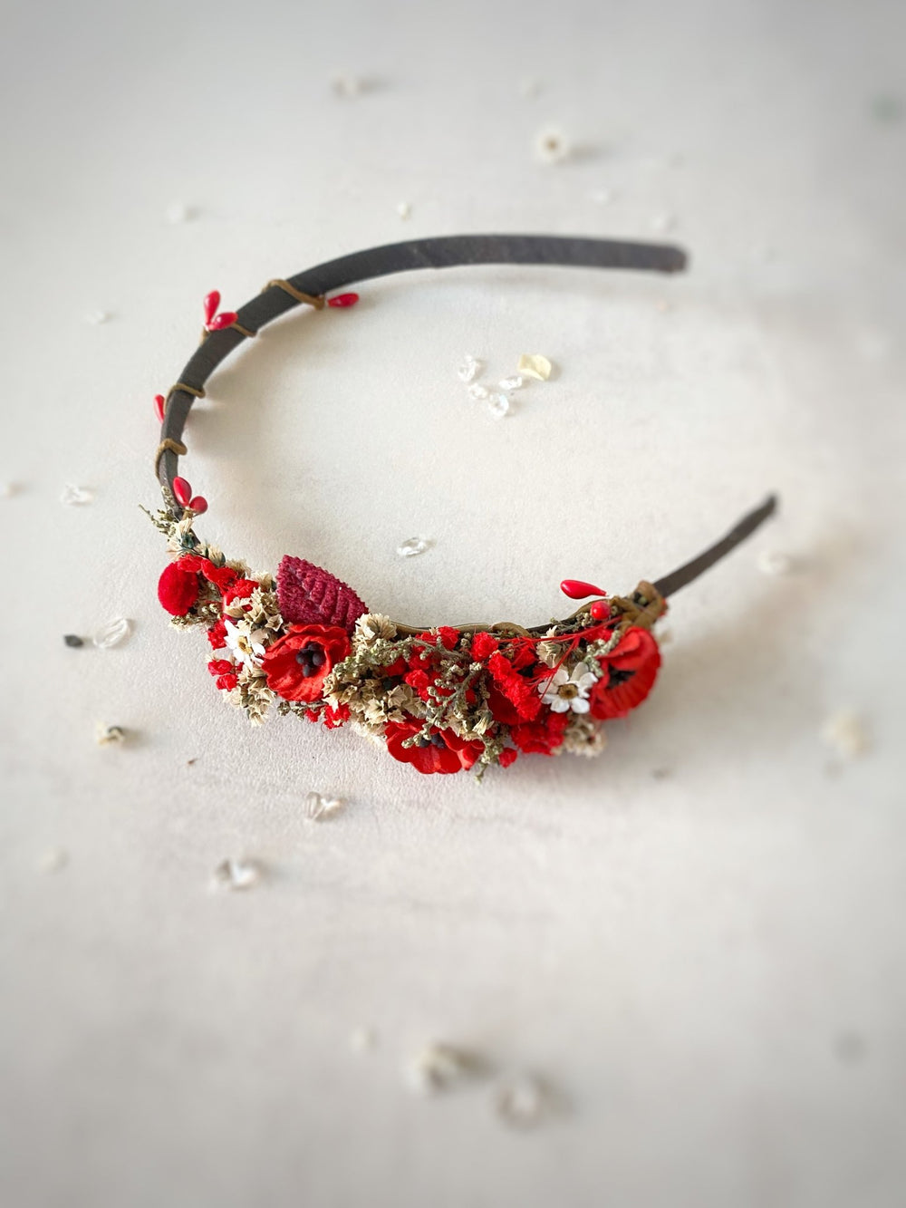 Red Poppy Headband - Boho Flower Headpiece – handmade floral hair accessory by magaela