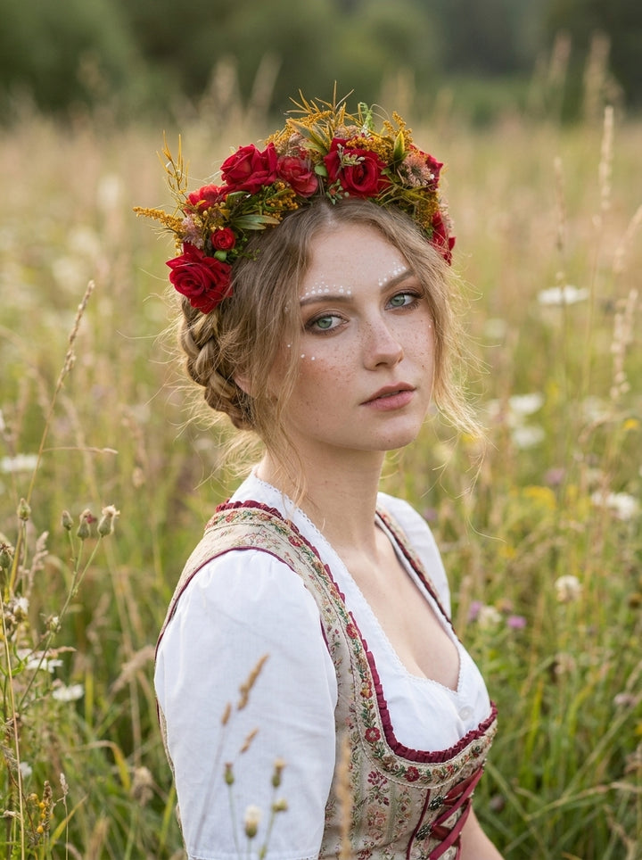 A woman in a white blouse and embroidered dirndl vest stands in a sunlit grassy field, wearing a floral crown of red roses and yellow wildflowers.