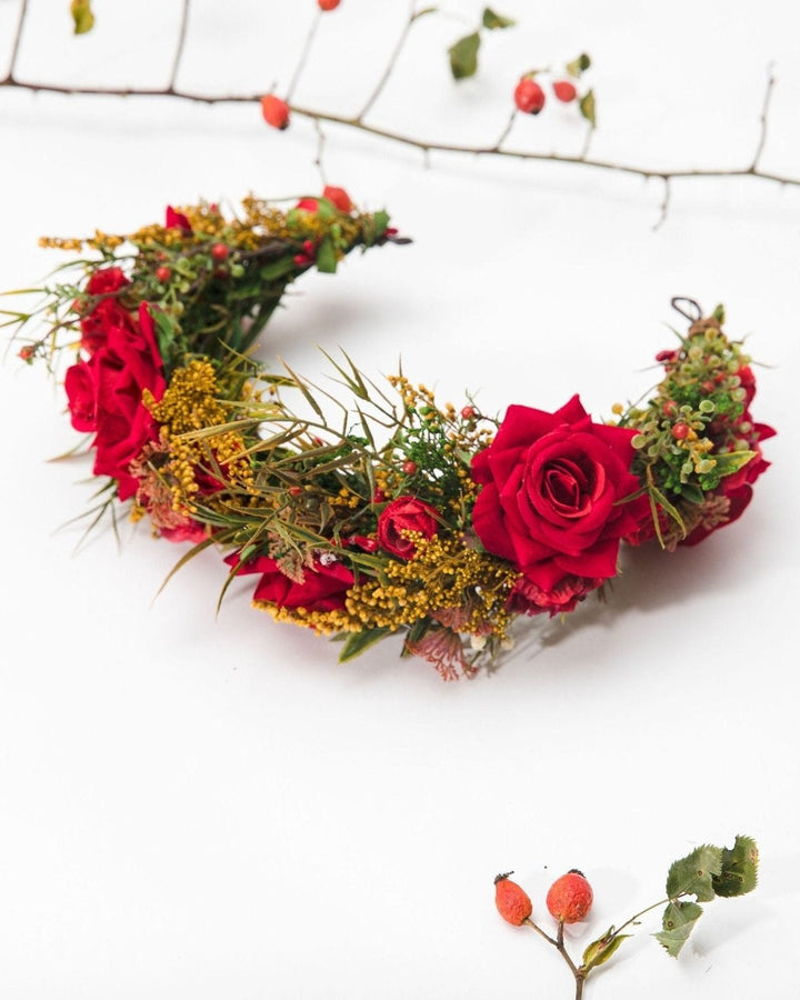 Red Burgundy Wedding Half Wreath: Boho Bridal Flower Crown – handmade floral hair accessory by magaela