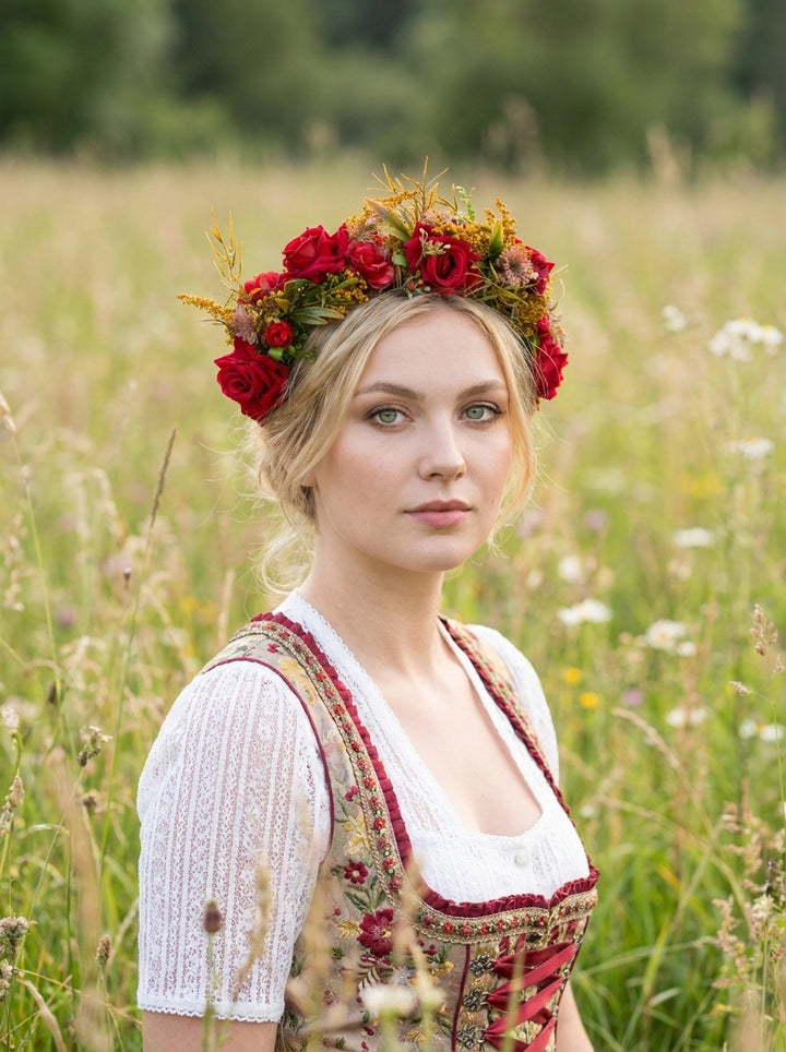 A woman standing in a sunlit grassy field wearing a floral crown of red roses and wildflowers, with a white blouse and a red embroidered bodice - dirnld dress. 