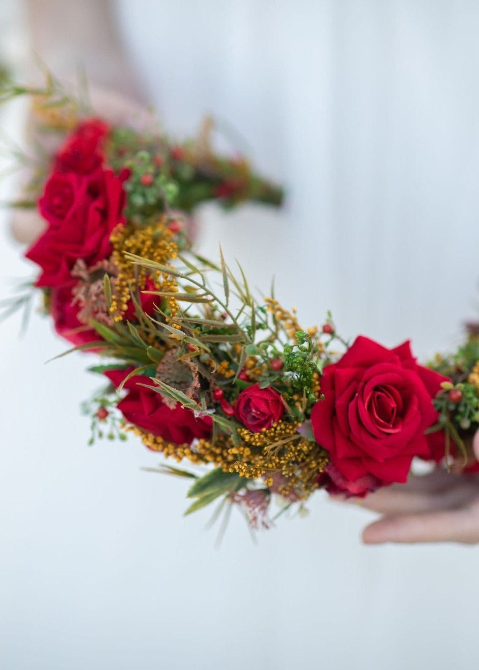 Red Burgundy Wedding Half Wreath: Boho Bridal Flower Crown – handmade floral hair accessory by magaela