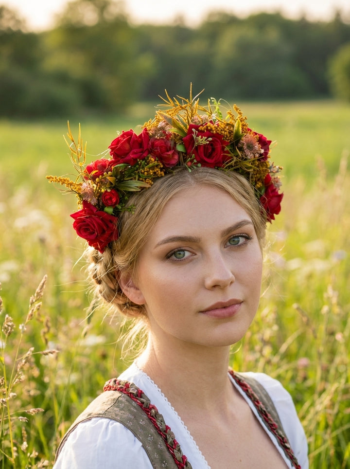 A woman in a traditional white blouse and embroidered vest wearing a vibrant red and yellow wildflower crown, standing in a sunlit grassy field.