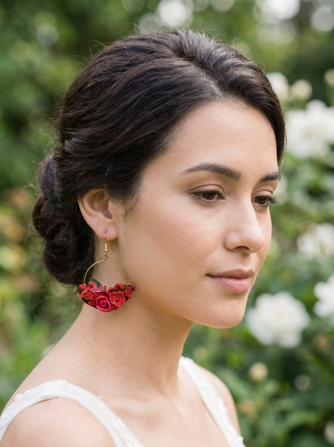 Red Flower Hoop Earrings: Bridal Gold, Surgical Steel Hook – handmade floral hair accessory by magaela