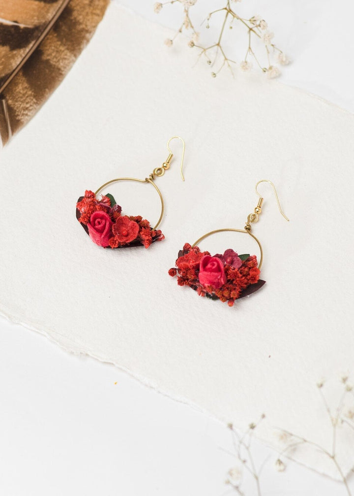 Red Flower Hoop Earrings: Bridal Gold, Surgical Steel Hook – handmade floral hair accessory by magaela
