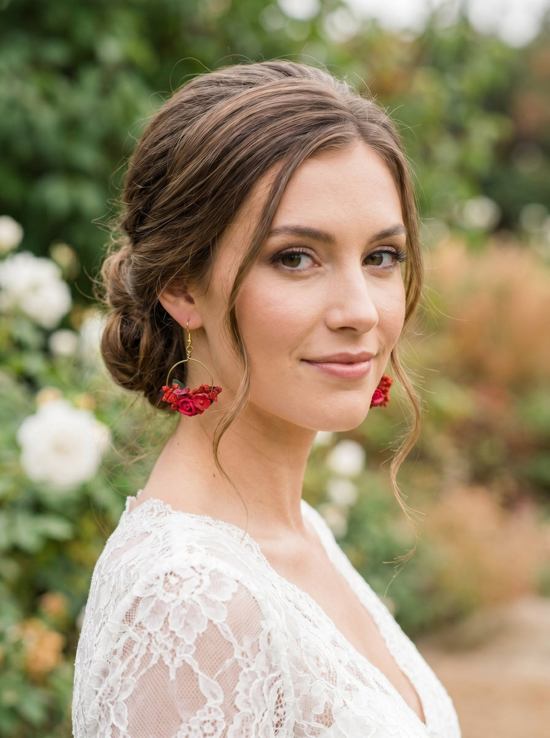 Red Flower Hoop Earrings: Bridal Gold, Surgical Steel Hook – handmade floral hair accessory by magaela