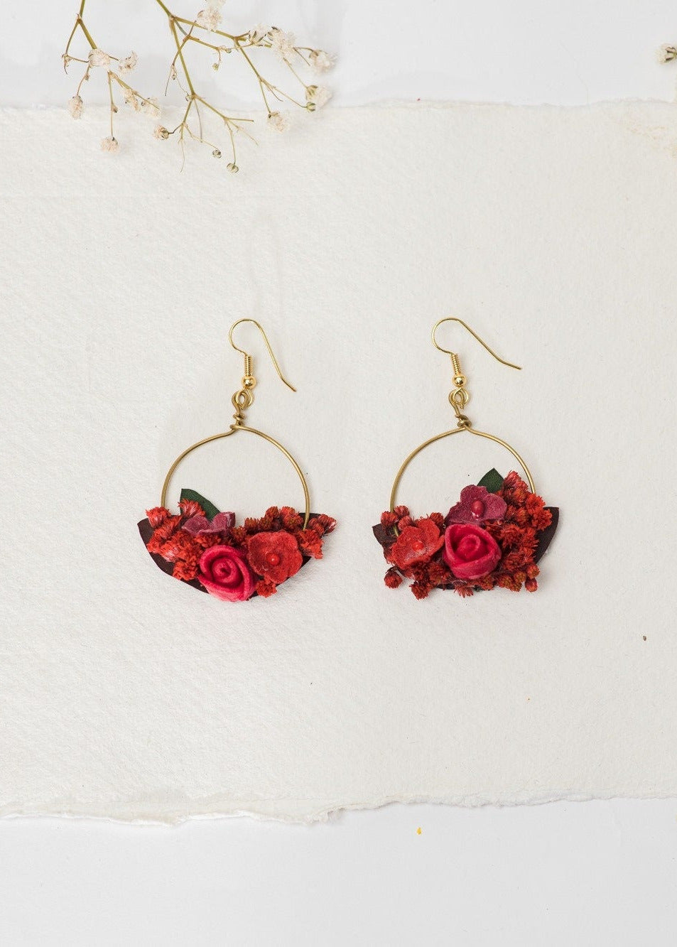 Red Flower Hoop Earrings: Bridal Gold, Surgical Steel Hook – handmade floral hair accessory by magaela