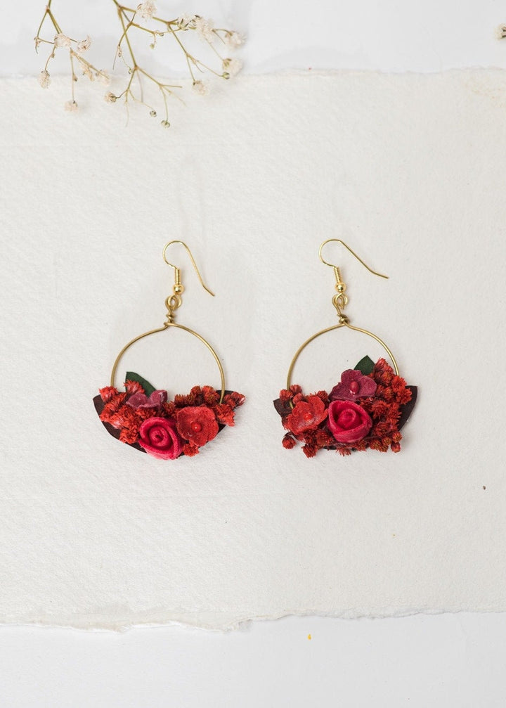 Red Flower Hoop Earrings: Bridal Gold, Surgical Steel Hook – handmade floral hair accessory by magaela