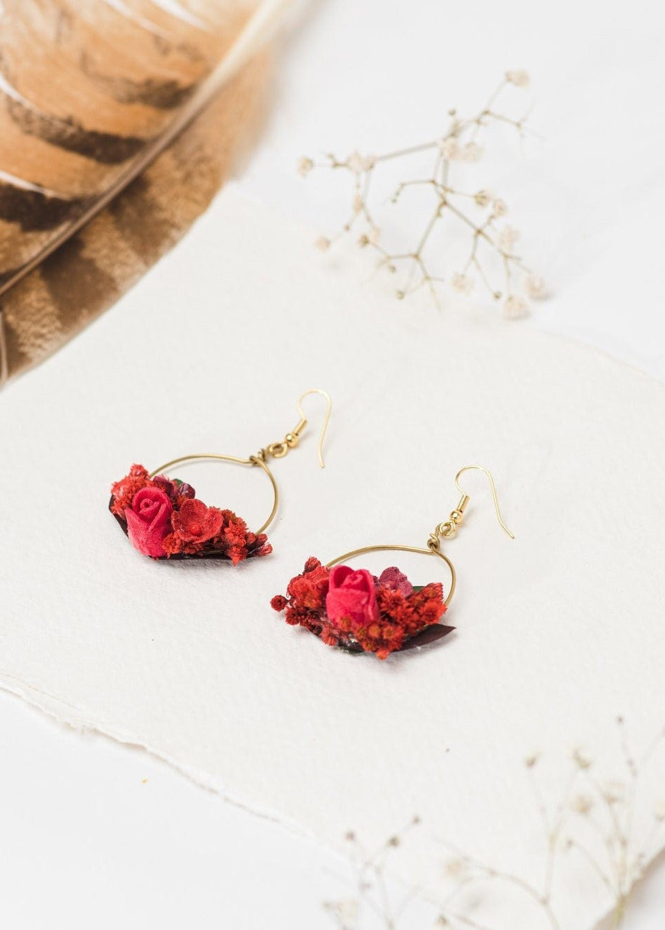 Red Flower Hoop Earrings: Bridal Gold, Surgical Steel Hook – handmade floral hair accessory by magaela