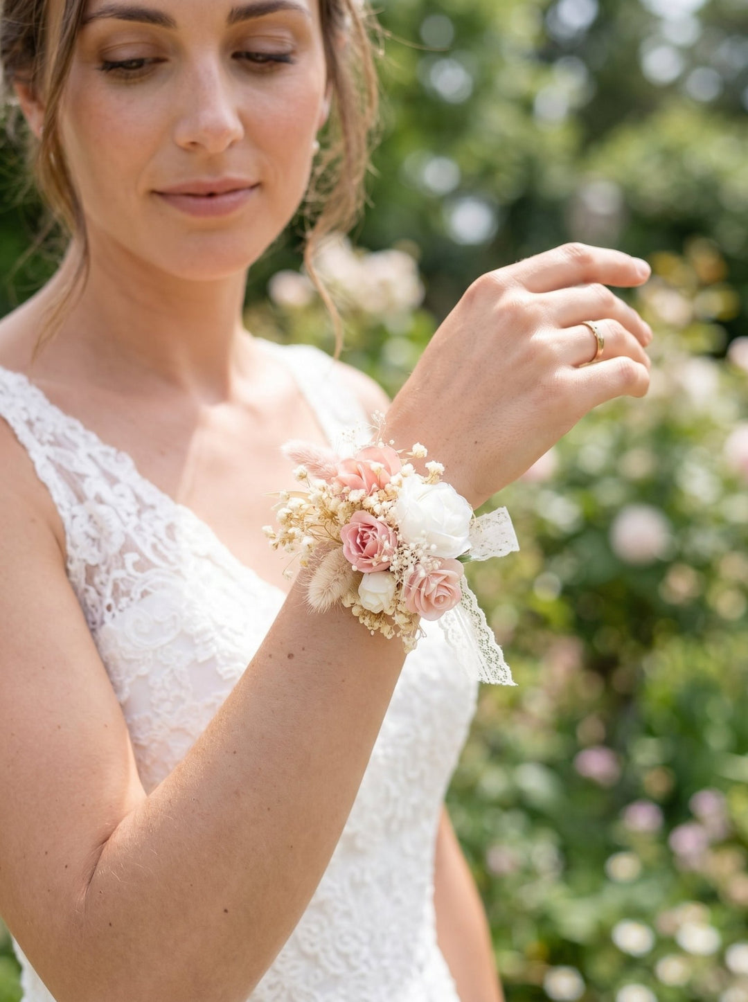 Floral Bracelet: Romantic Pastel Pink Cream Flower Corsage – handmade floral hair accessory by magaela