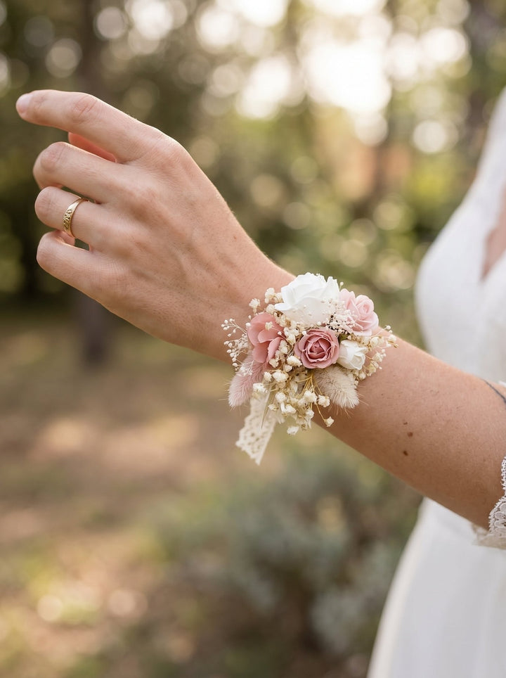 Floral Bracelet: Romantic Pastel Pink Cream Flower Corsage – handmade floral hair accessory by magaela