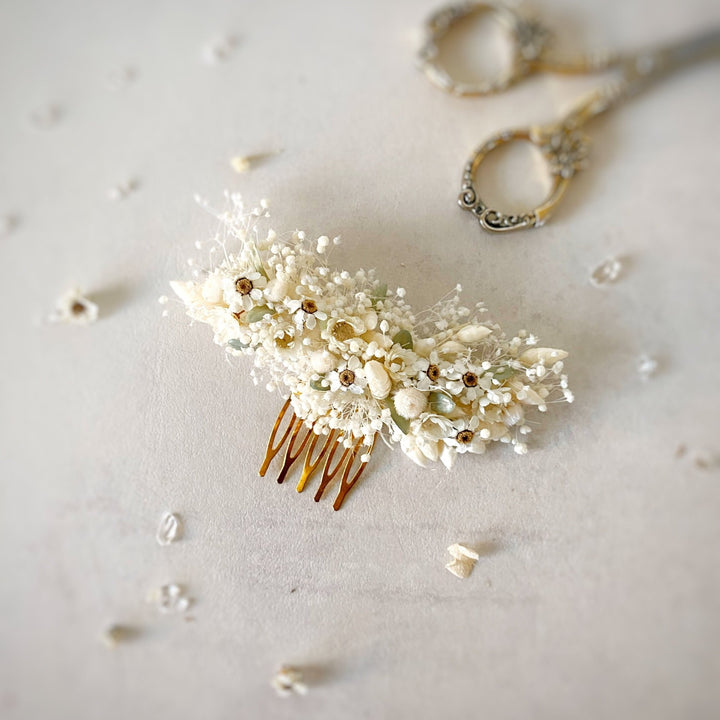Floral Bridal Hair Comb – Ivory Gypsophila and Ixodia Wedding Hair Comb (medium size) – handmade floral hair accessory by magaela