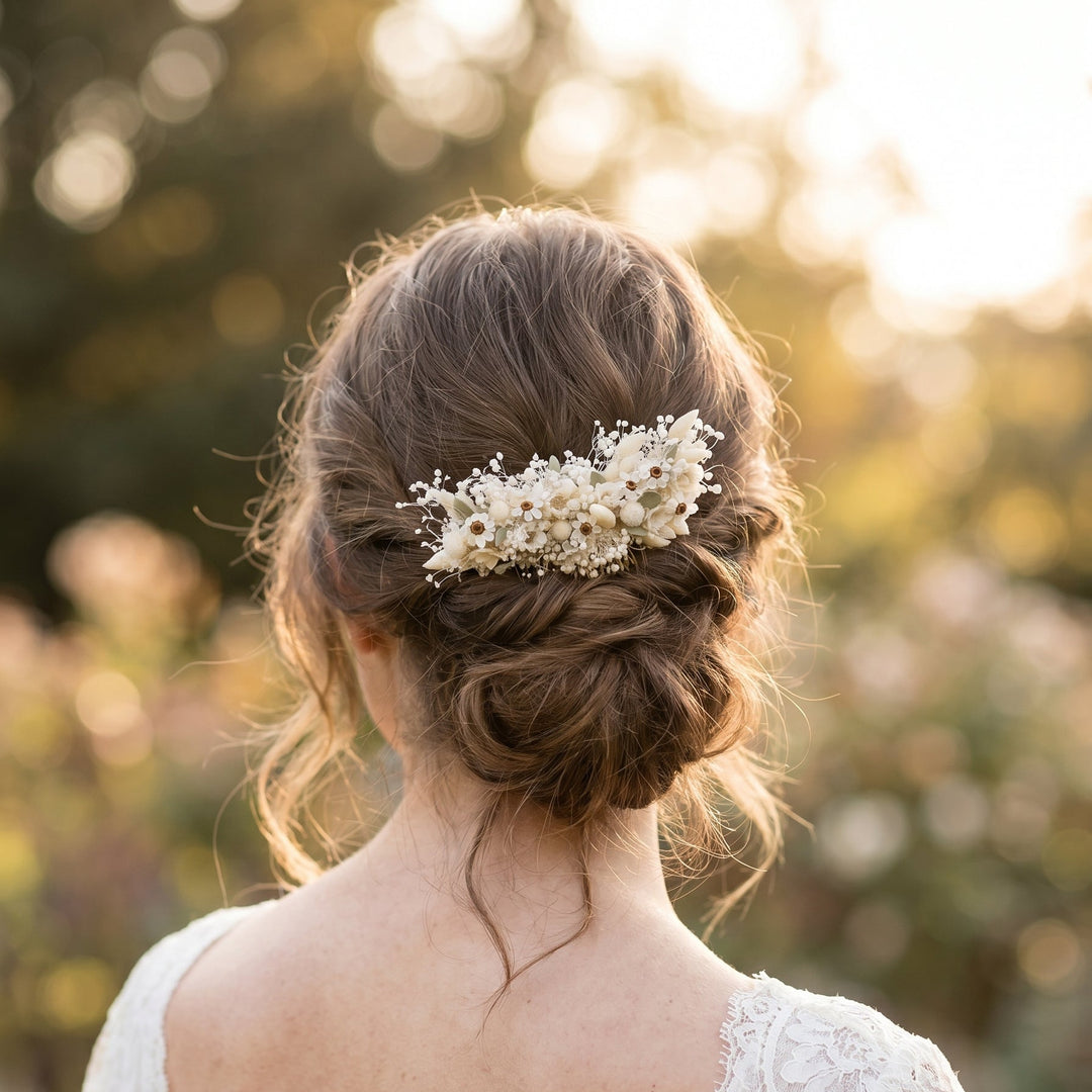 Floral Bridal Hair Comb – Ivory Gypsophila and Ixodia Wedding Hair Comb (medium size) – handmade floral hair accessory by magaela
