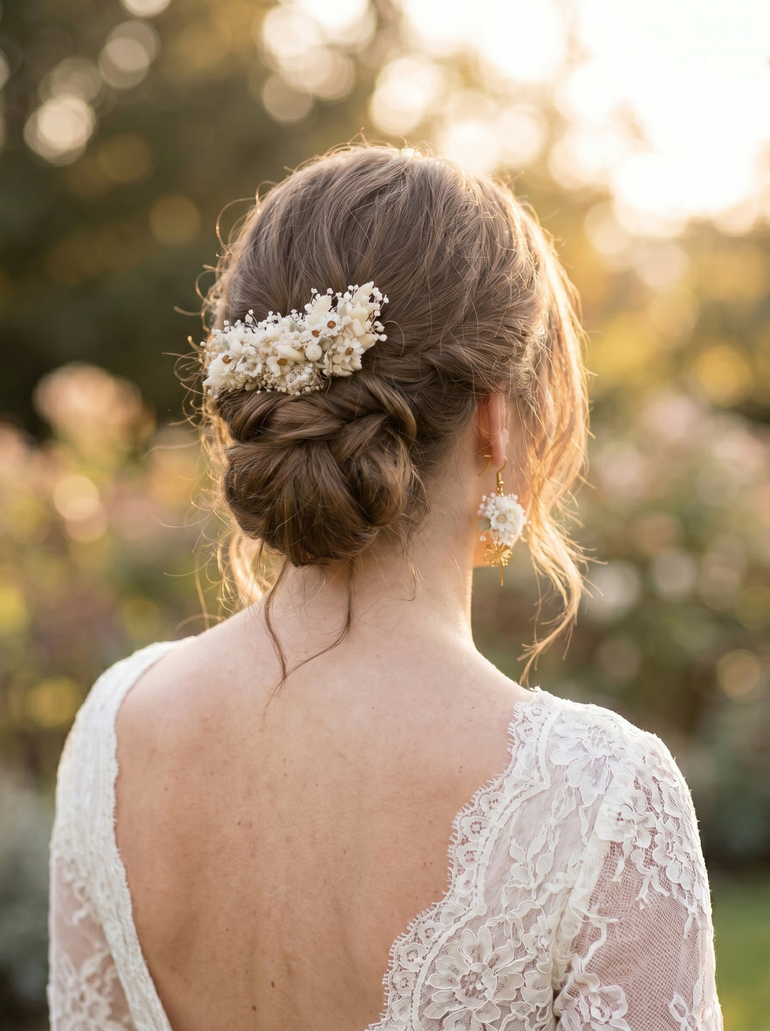 Woman with braided hair adorned with a decorative white hair comb in an outdoor setting