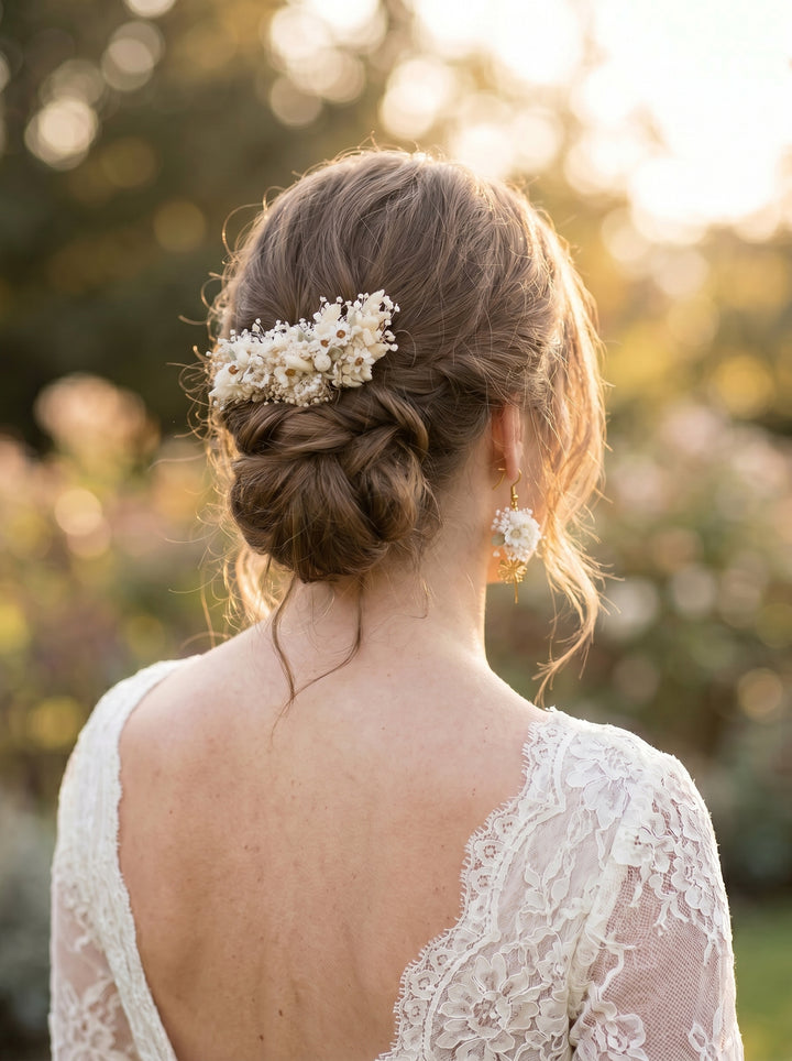Woman with braided hair adorned with a decorative white hair comb in an outdoor setting
