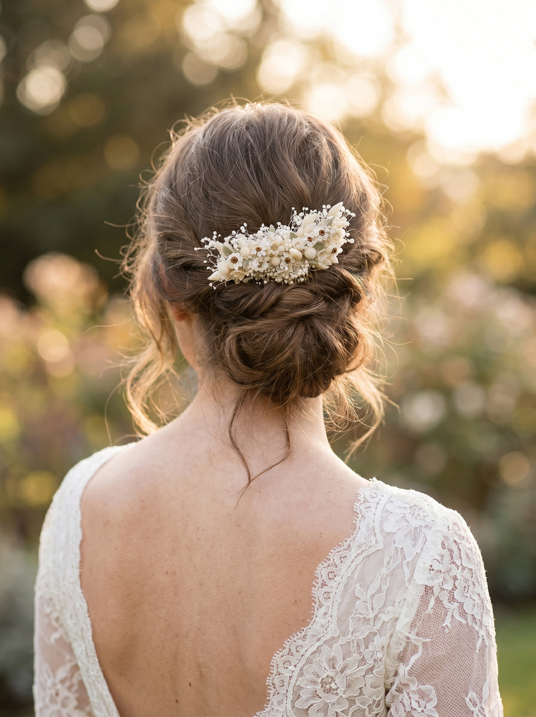Woman with a styled elegant hair comb wearing a lace dress in an outdoor setting