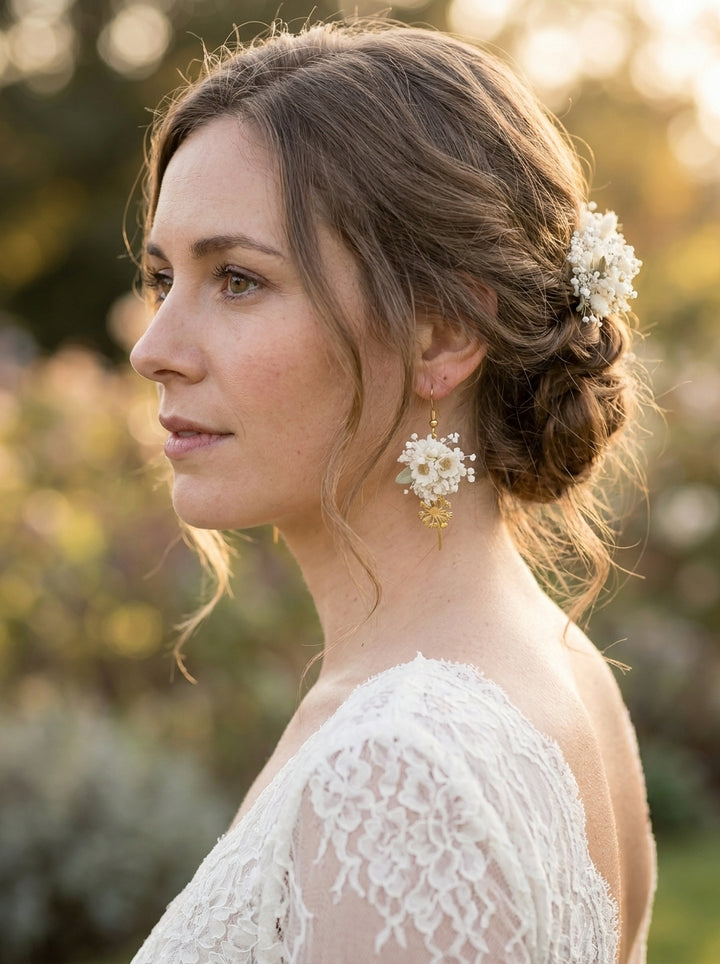 Woman wearing floral earrings with a blurred natural background