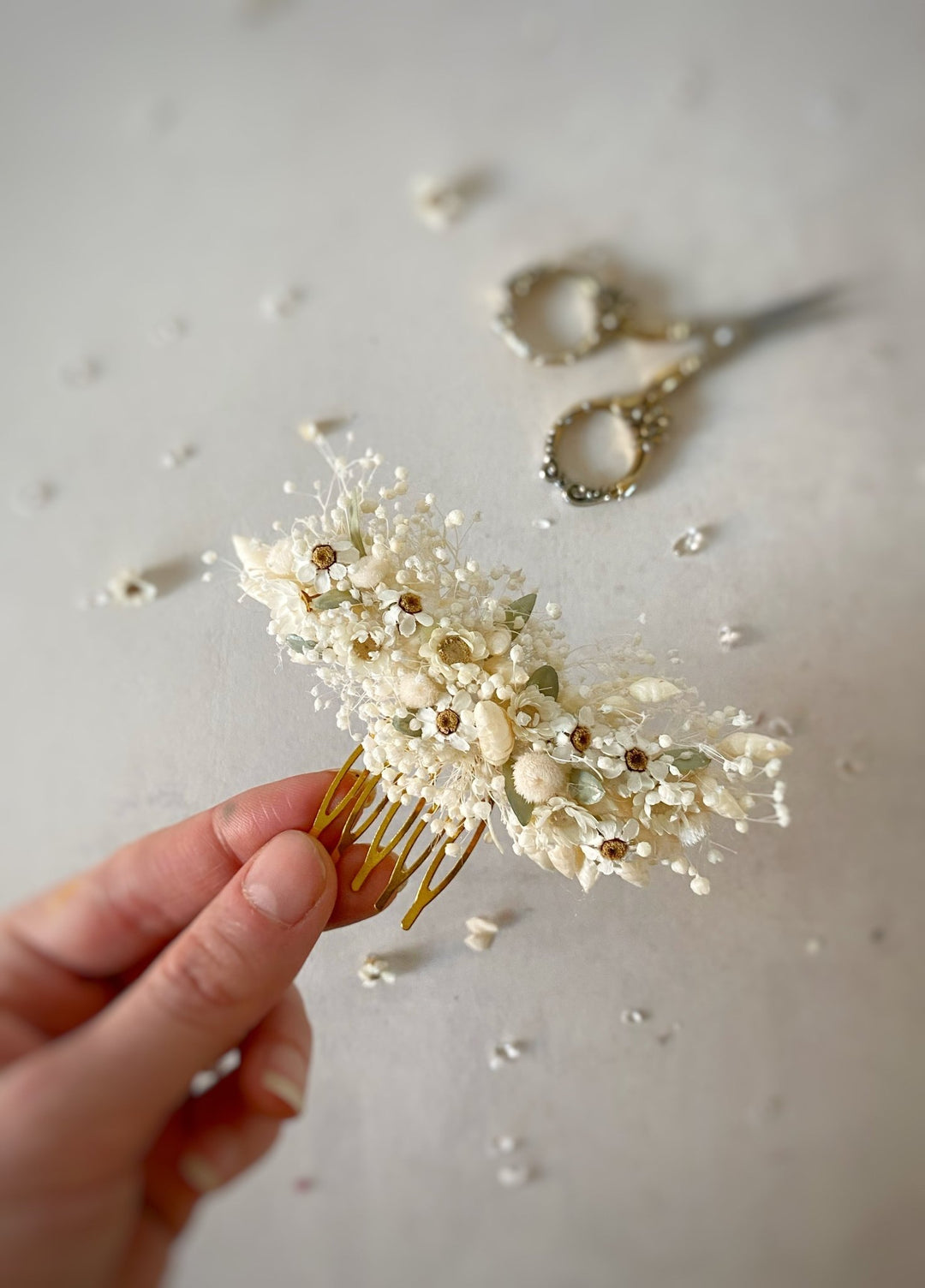 Floral Bridal Hair Comb – Ivory Gypsophila and Ixodia Wedding Hair Comb (medium size) – handmade floral hair accessory by magaela
