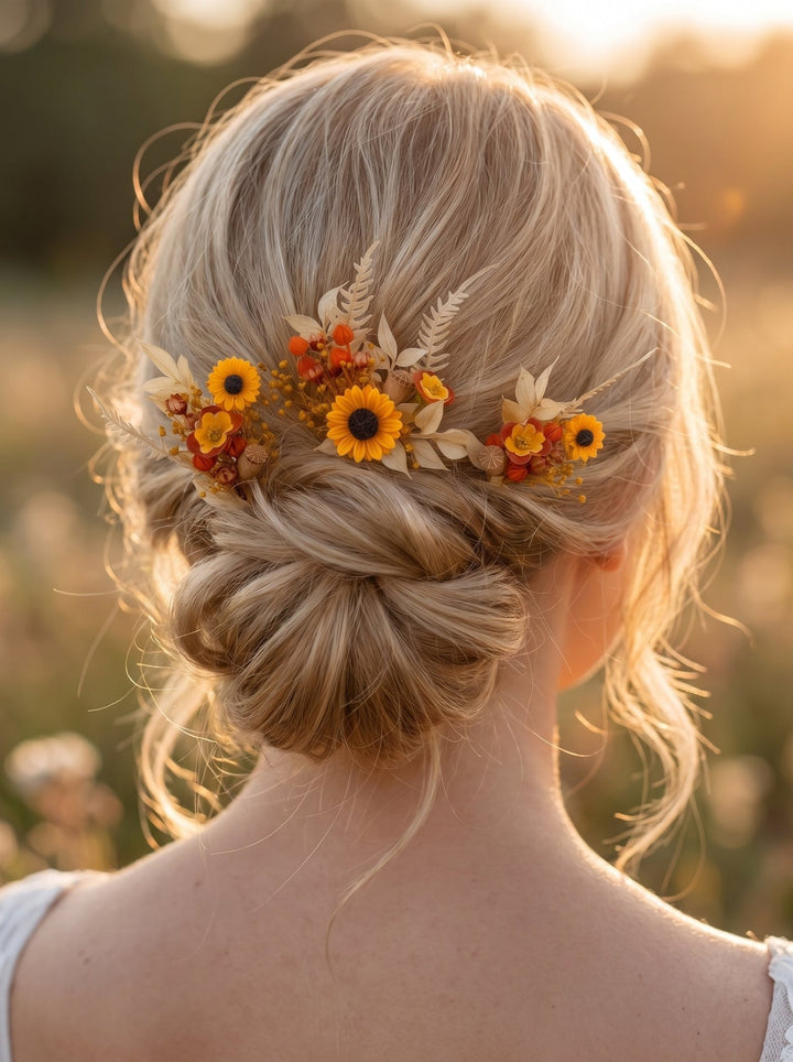 Sunflower Hair Pins: Boho Wedding Hair Clips, Cottagecore Style – handmade floral hair accessory by magaela