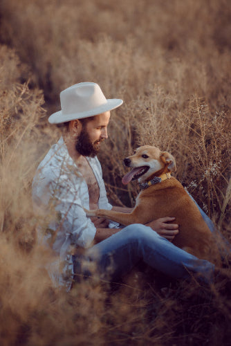 Man sitting in a field with a dog, both looking content