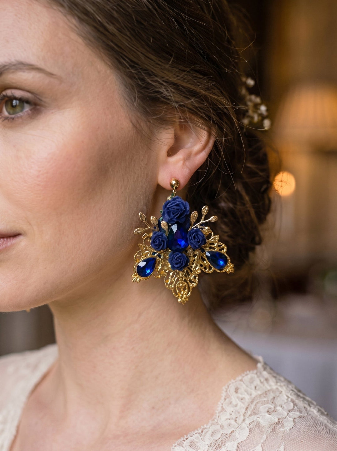 Royal Blue & Gold Glamour Earrings: Vintage Style Bridal Jewelry – handmade floral hair accessory by magaela