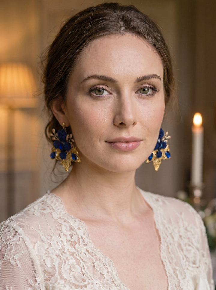 Royal Blue & Gold Glamour Earrings: Vintage Style Bridal Jewelry – handmade floral hair accessory by magaela
