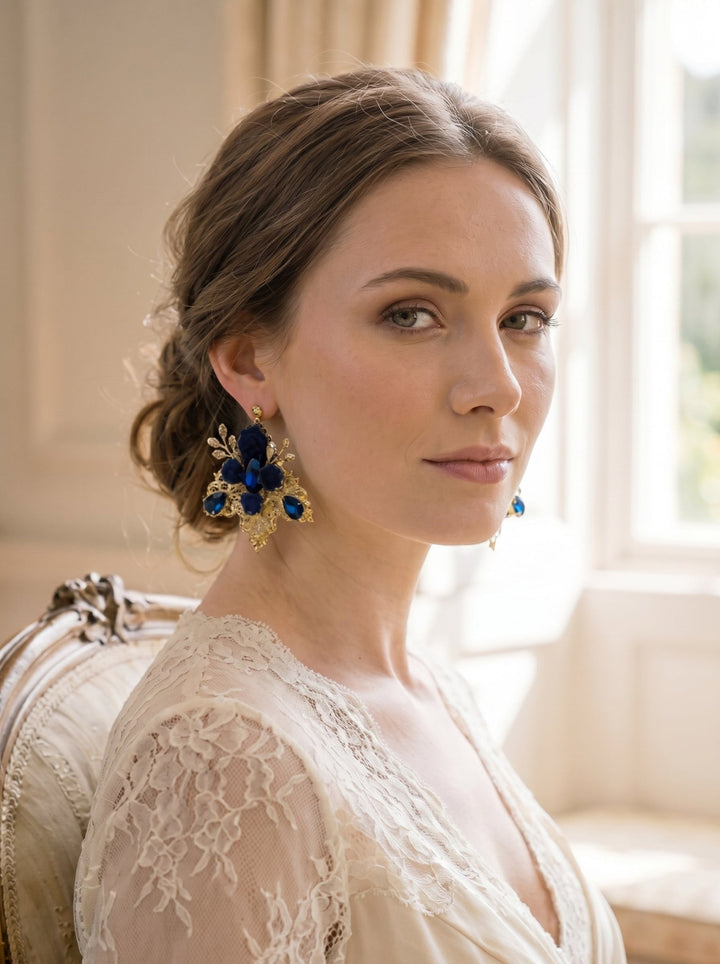 Royal Blue & Gold Glamour Earrings: Vintage Style Bridal Jewelry – handmade floral hair accessory by magaela