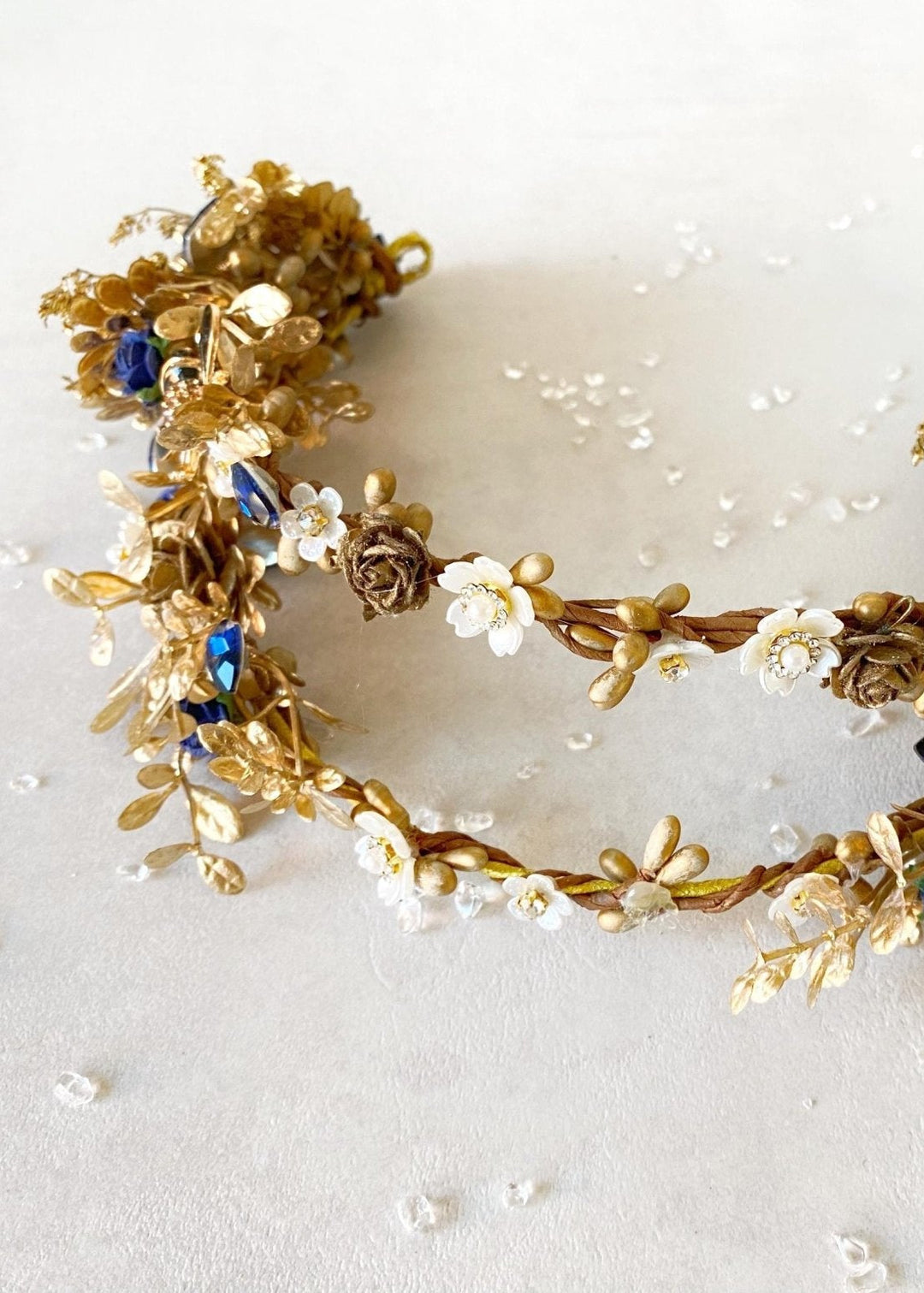 Royal Blue & Gold Flower Crown: Glam Wedding Tiara – handmade floral hair accessory by magaela