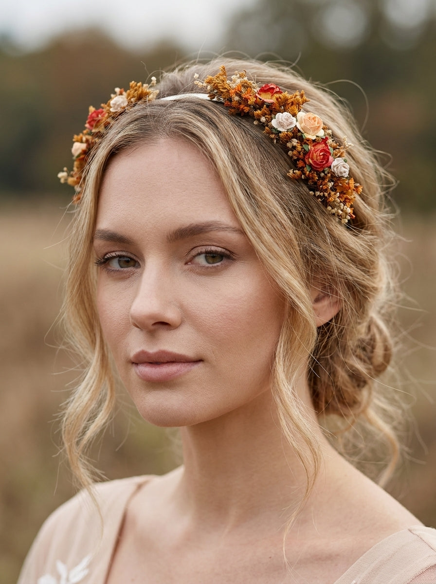 A woman with blonde hair wearing a delicate floral crown headband with orange, red, and cream flowers, photographed outdoors against a soft blurred natural background.