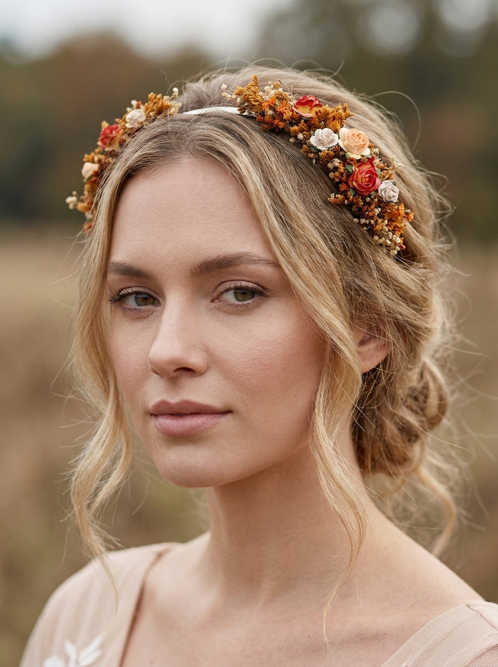 A woman with blonde hair wearing a delicate floral crown headband with orange, red, and cream flowers, photographed outdoors against a soft blurred natural background.
