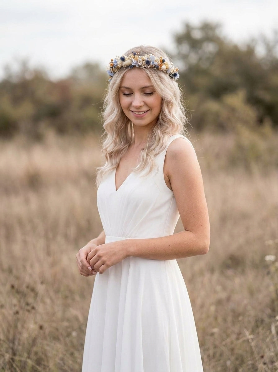 A woman wearing a sleeveless white V-neck dress and a floral crown stands outdoors in a dry grassy field, looking down with a gentle smile.