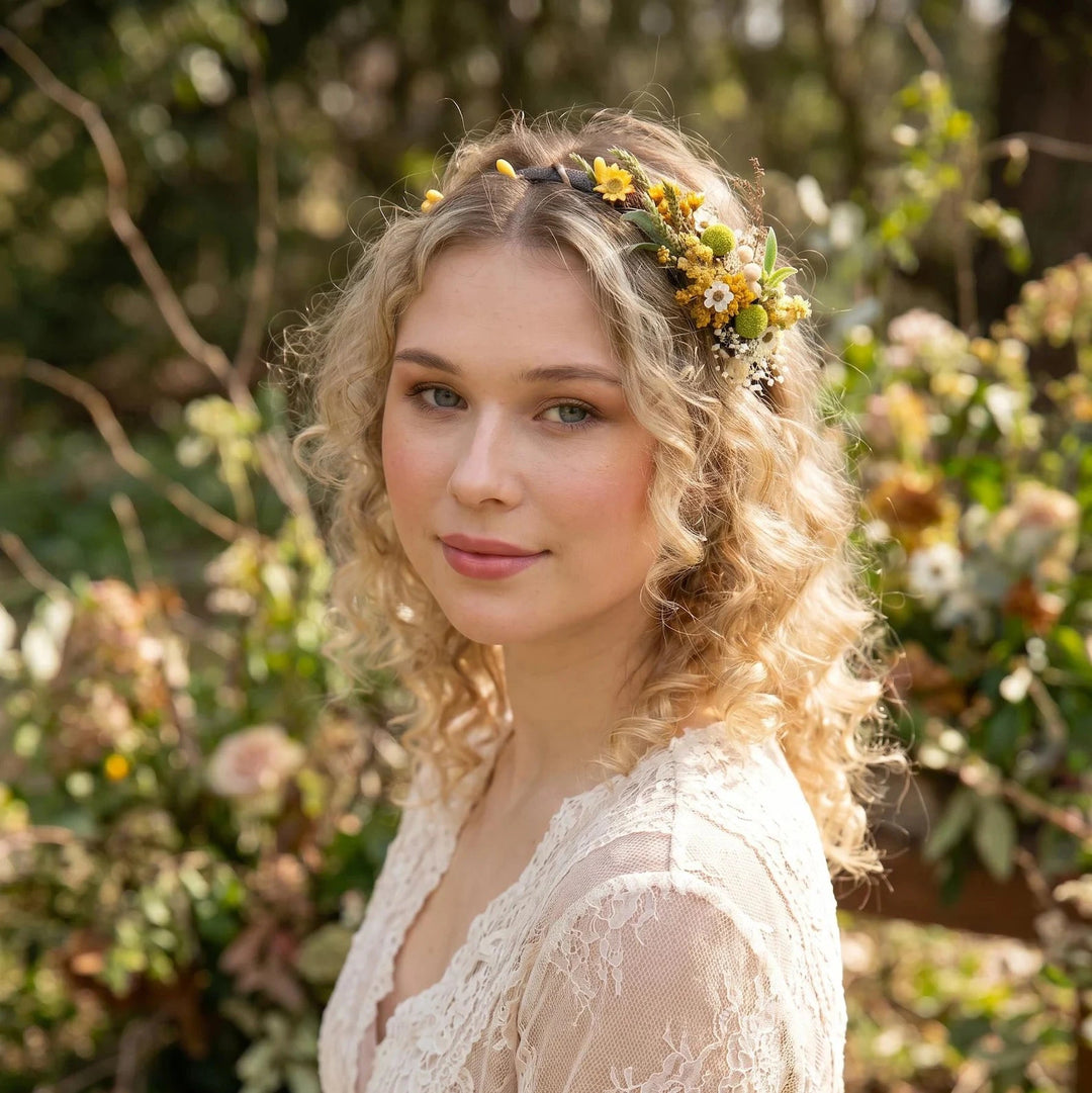 Rustic Floral Headband: Yellow & Green Wildflower Crown, Cottagecore Bride – handmade floral hair accessory by magaela