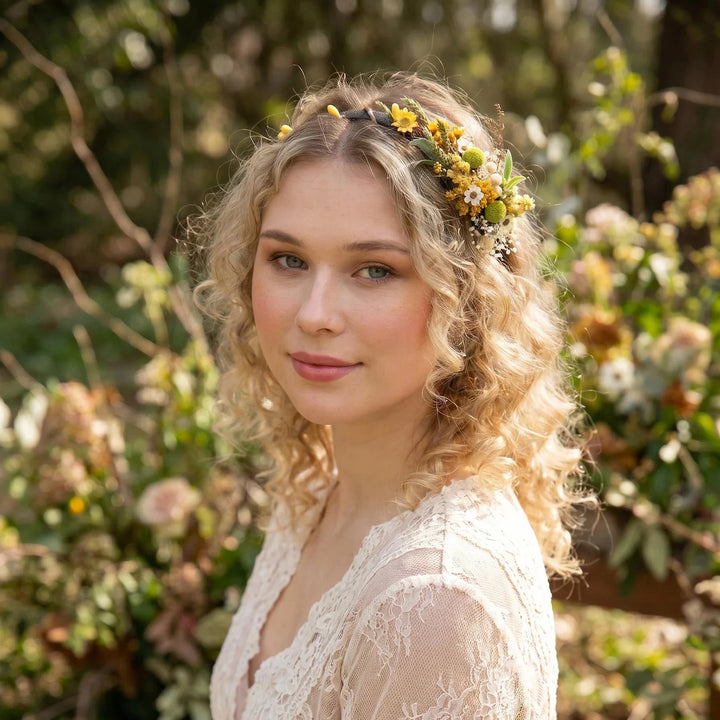 Rustic Floral Headband: Yellow & Green Wildflower Crown, Cottagecore Bride – handmade floral hair accessory by magaela