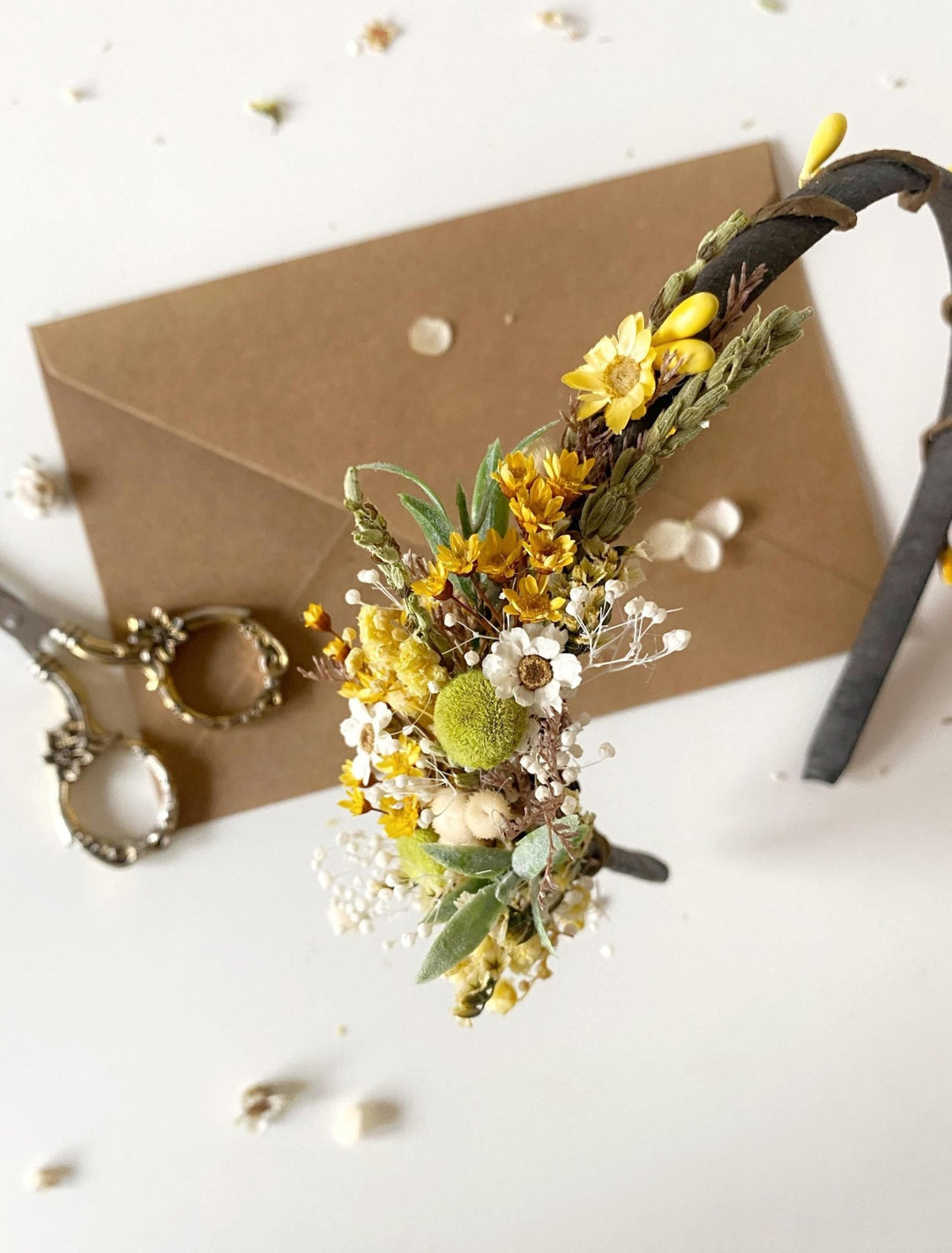 Rustic Floral Headband: Yellow & Green Wildflower Crown, Cottagecore Bride – handmade floral hair accessory by magaela