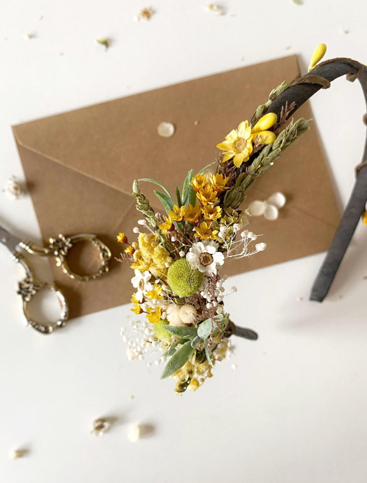 Rustic Floral Headband: Yellow & Green Wildflower Crown, Cottagecore Bride – handmade floral hair accessory by magaela