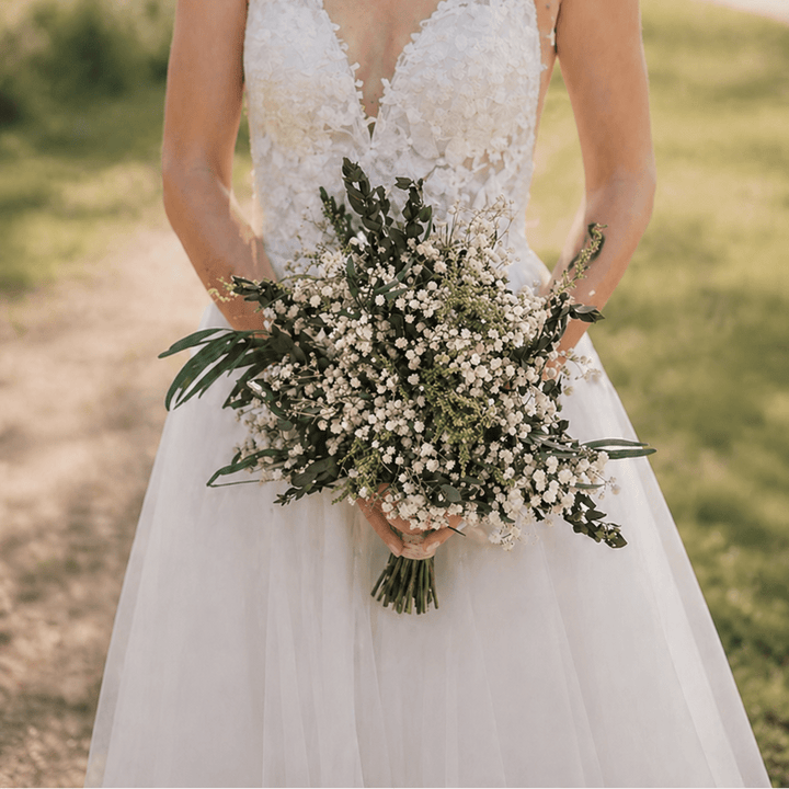 Preserved Eucalyptus Bridal Bouquet: Greenery & Baby's Breath Wedding Flowers – handmade floral hair accessory by magaela