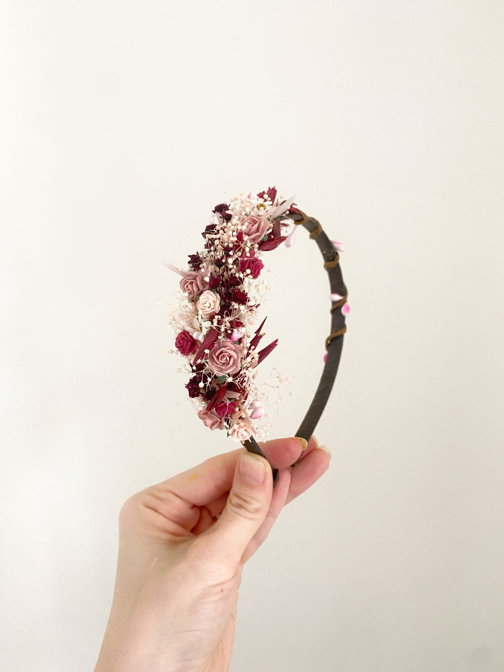 Pink and Burgundy Headband - Romantic Flower Headpiece – handmade floral hair accessory by magaela