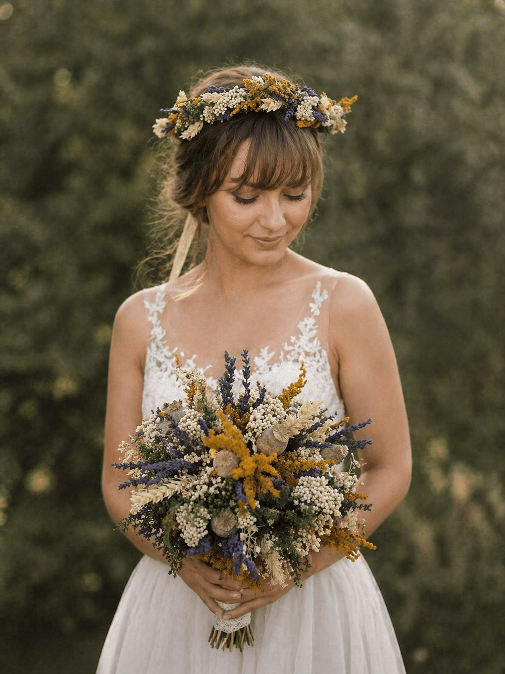 Rustic Dried Flower Wedding Set: Bridal Bouquet, Flower Crown and Boutonniere – handmade floral hair accessory by magaela