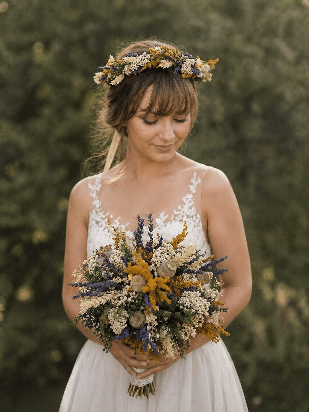 Rustic Dried Flower Wedding Set: Bridal Bouquet, Flower Crown and Boutonniere – handmade floral hair accessory by magaela