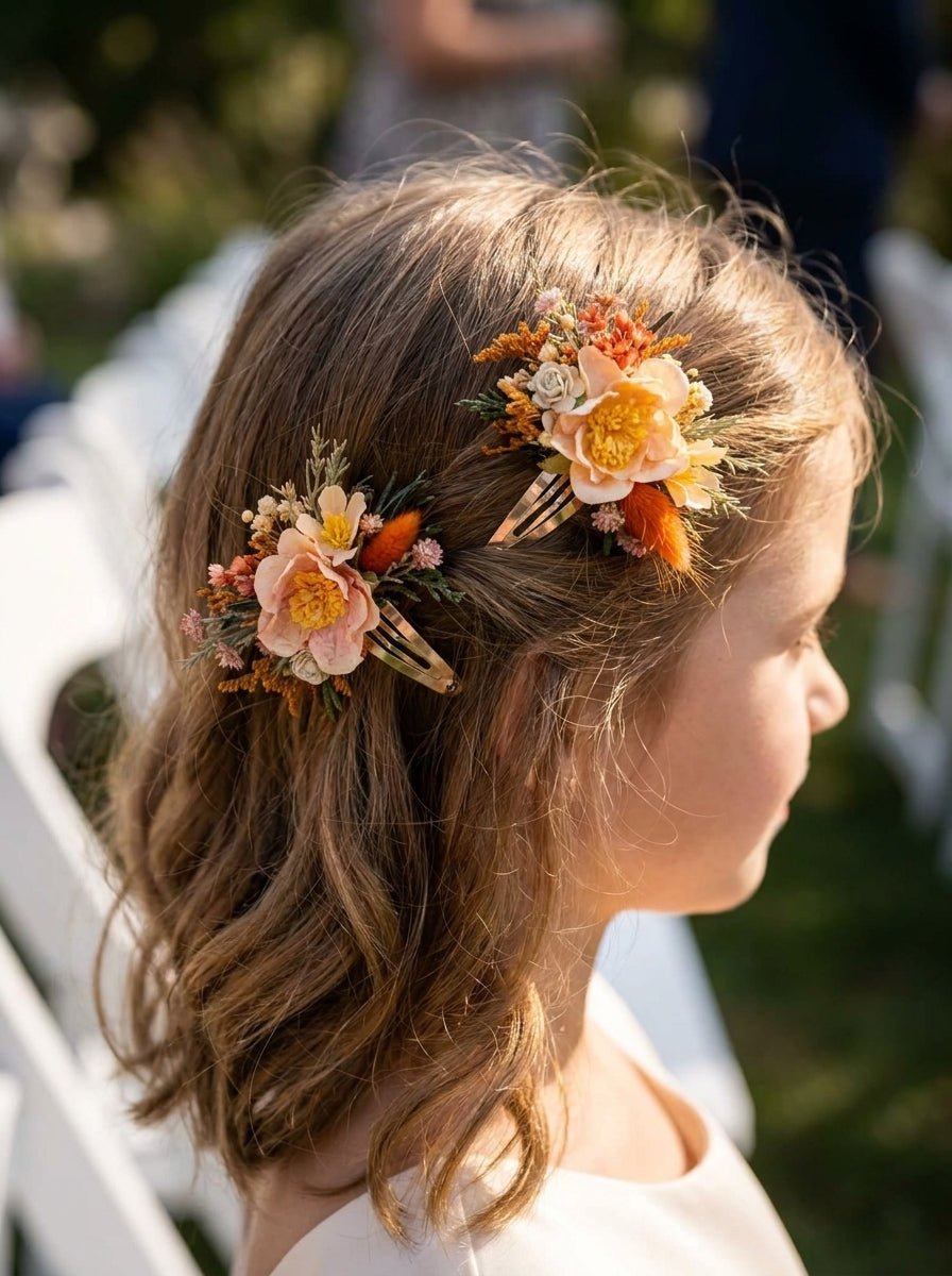 Flower Girl Snap Clips with Peach Flowers | Fall Wedding | magaela – handmade floral hair accessory by magaela
