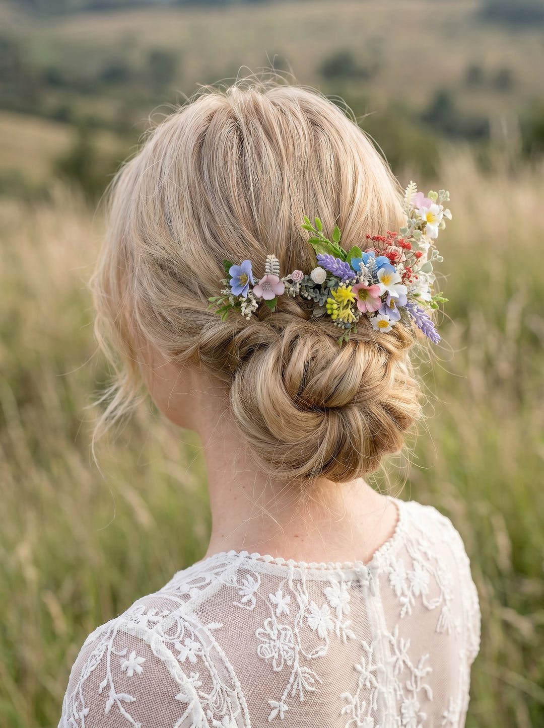 Woman with floral hairpiece in a field