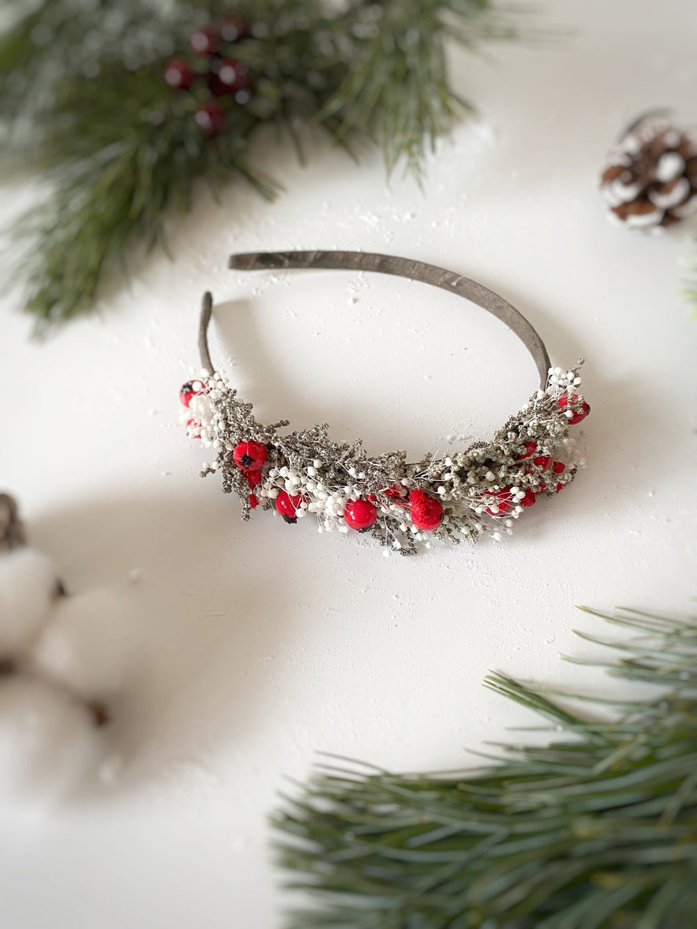 Red Rose Hip Side Headband | Winter Wedding and Christmas – handmade floral hair accessory by magaela