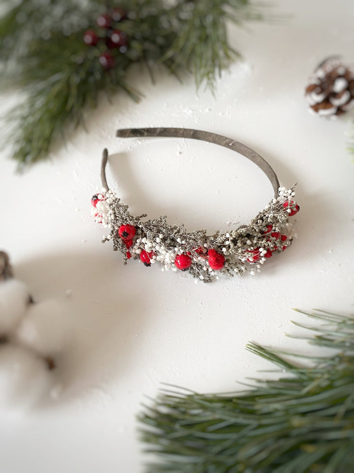 Red Rose Hip Side Headband | Winter Wedding and Christmas – handmade floral hair accessory by magaela