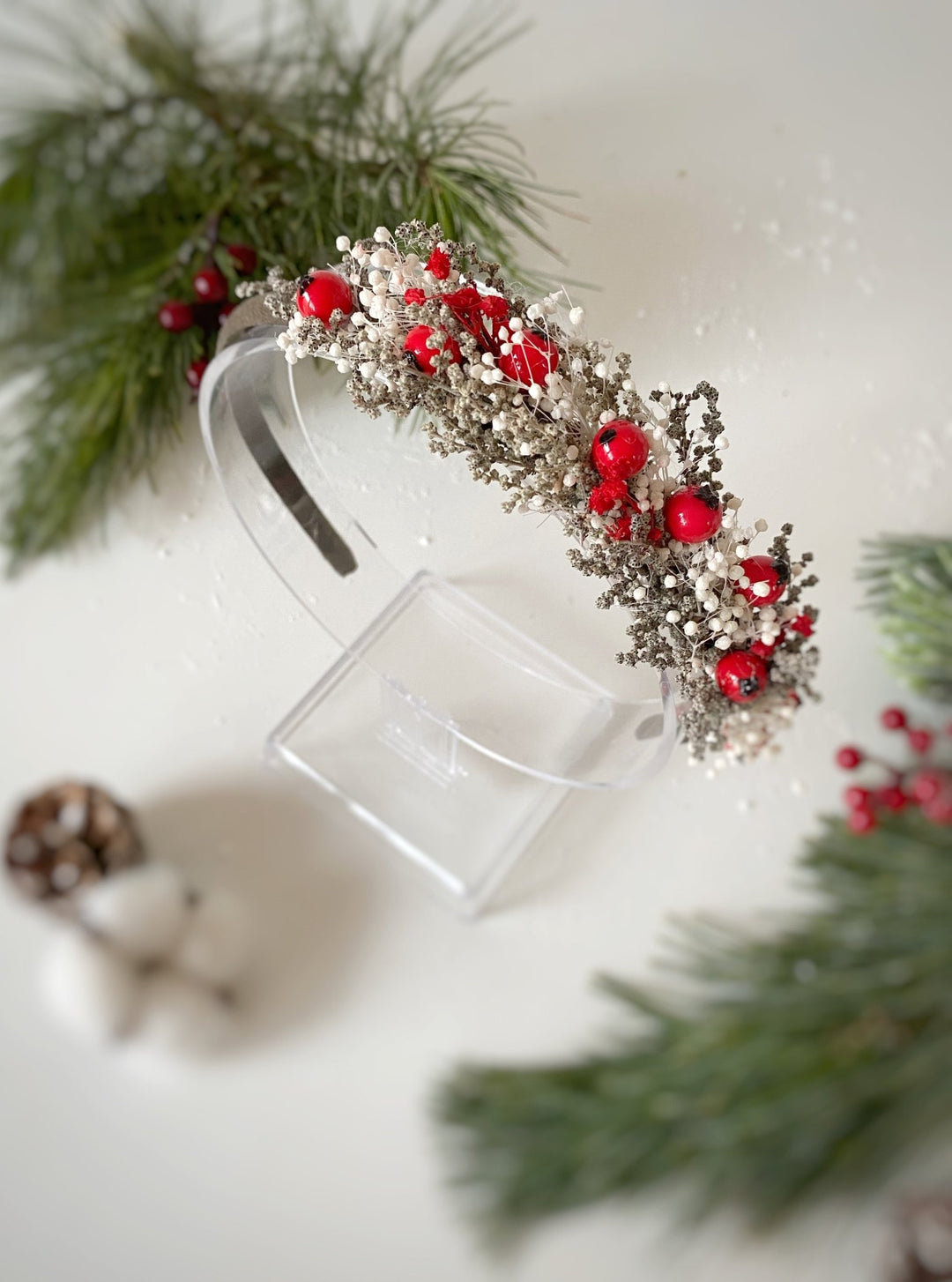 Red Rose Hip Side Headband | Winter Wedding and Christmas – handmade floral hair accessory by magaela