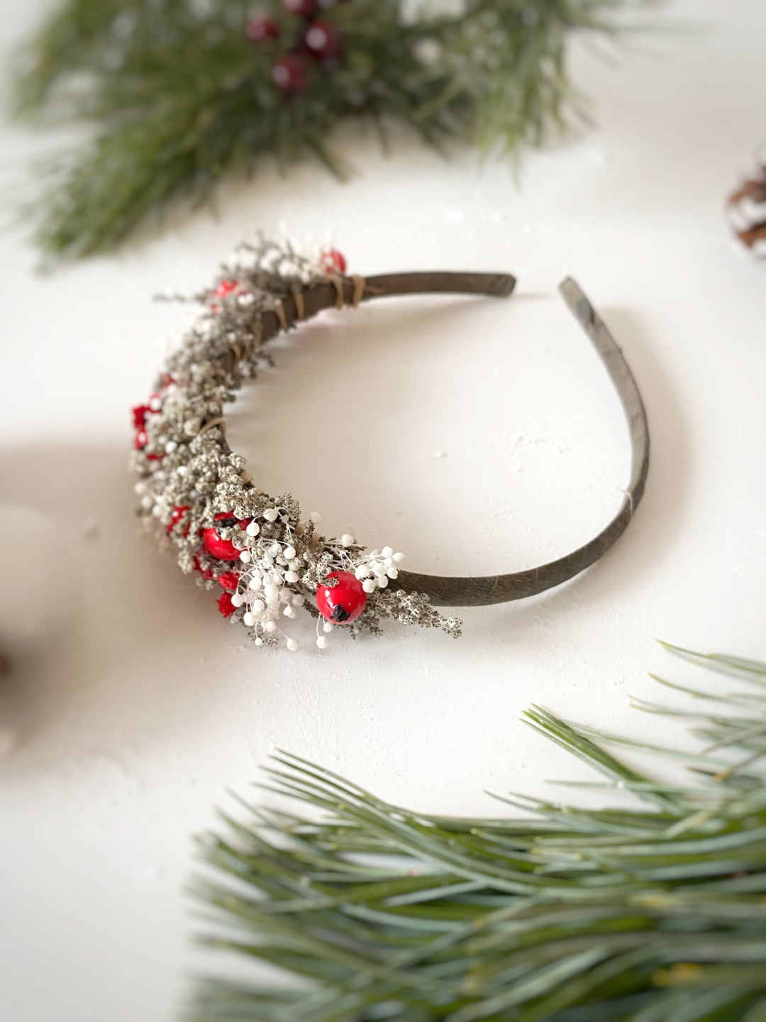 Red Rose Hip Side Headband | Winter Wedding and Christmas – handmade floral hair accessory by magaela