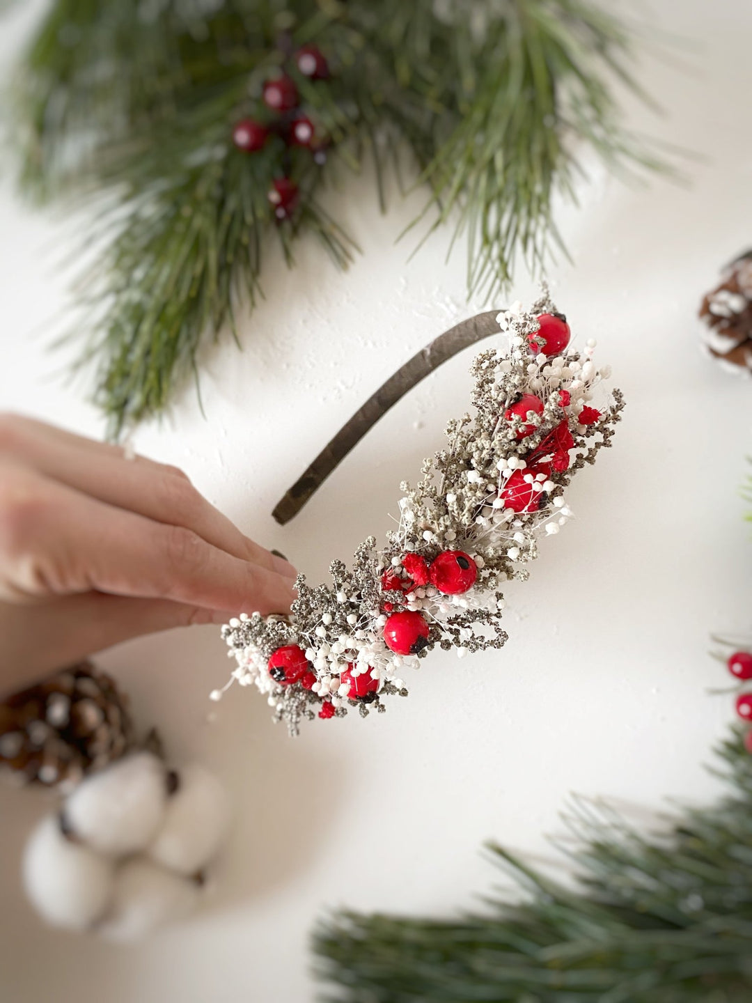 Red Rose Hip Side Headband | Winter Wedding and Christmas – handmade floral hair accessory by magaela