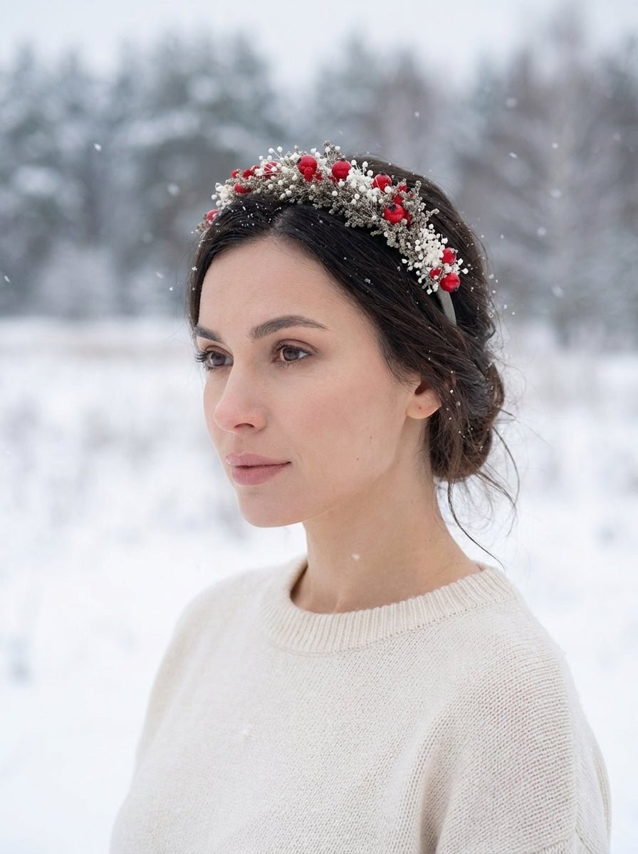 Red Rose Hip Side Headband | Winter Wedding and Christmas – handmade floral hair accessory by magaela