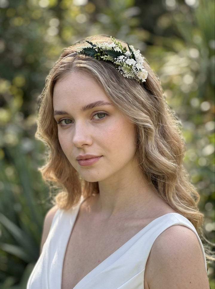 Side Floral Headband with Paper Rose, White Florals and Preserved Greenery – handmade floral hair accessory by magaela
